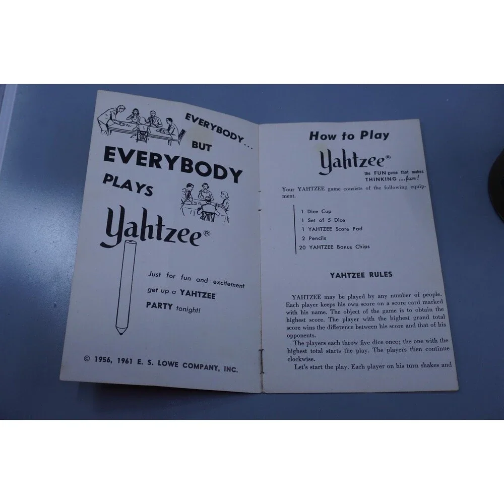 Vintage Yahtzee E. S. Lowe 1961 Game Parts Dice Cup and How To Play Guide